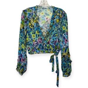 Zara Floral Ruffle Wrap Blouse Long Sleeve Sheer Tie Front Crop Top Boho Sz L